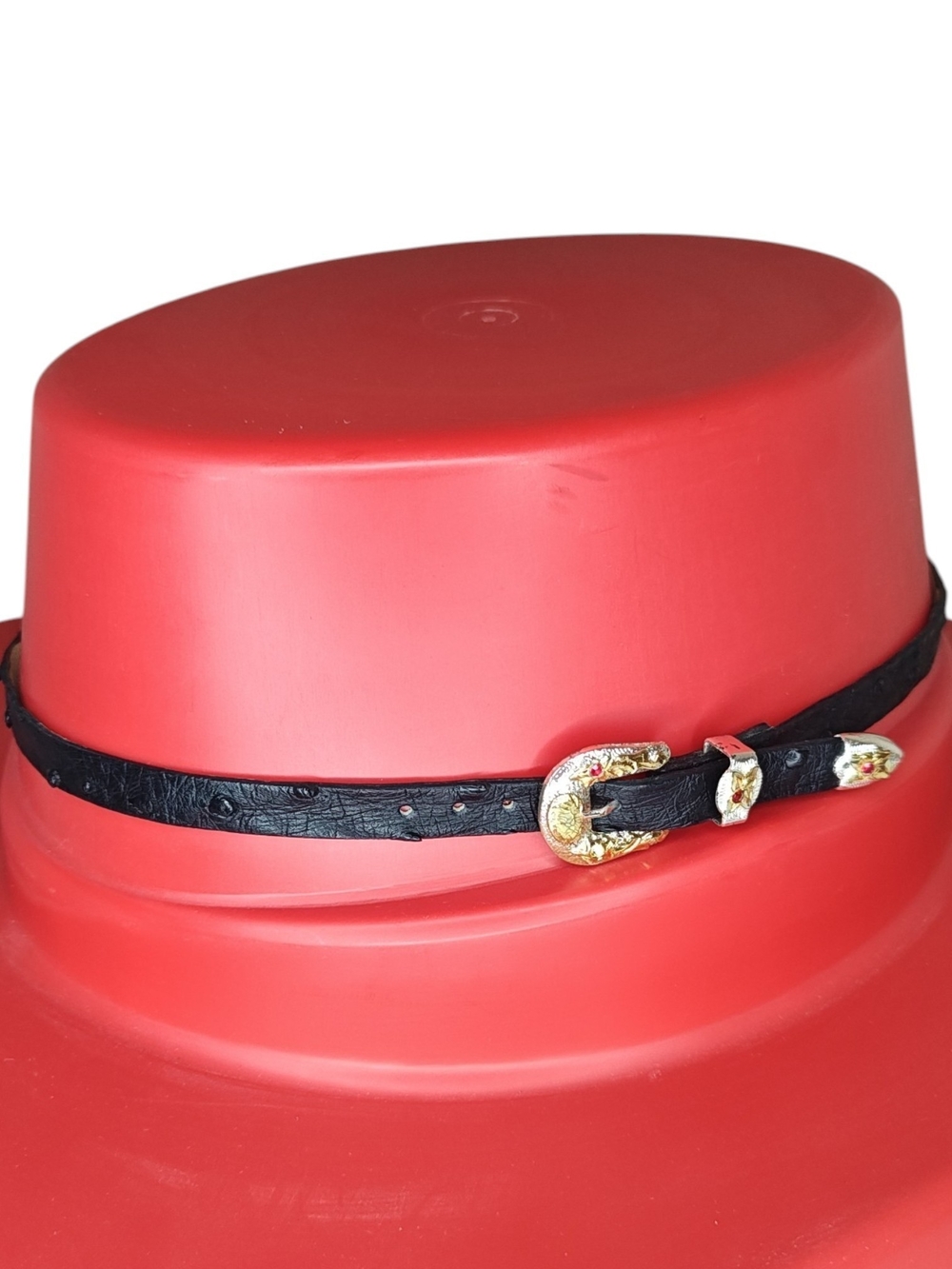 Vintage Western Leather Cowboy Hat Band 3-Piece Gold Silver Buckle Set Black
